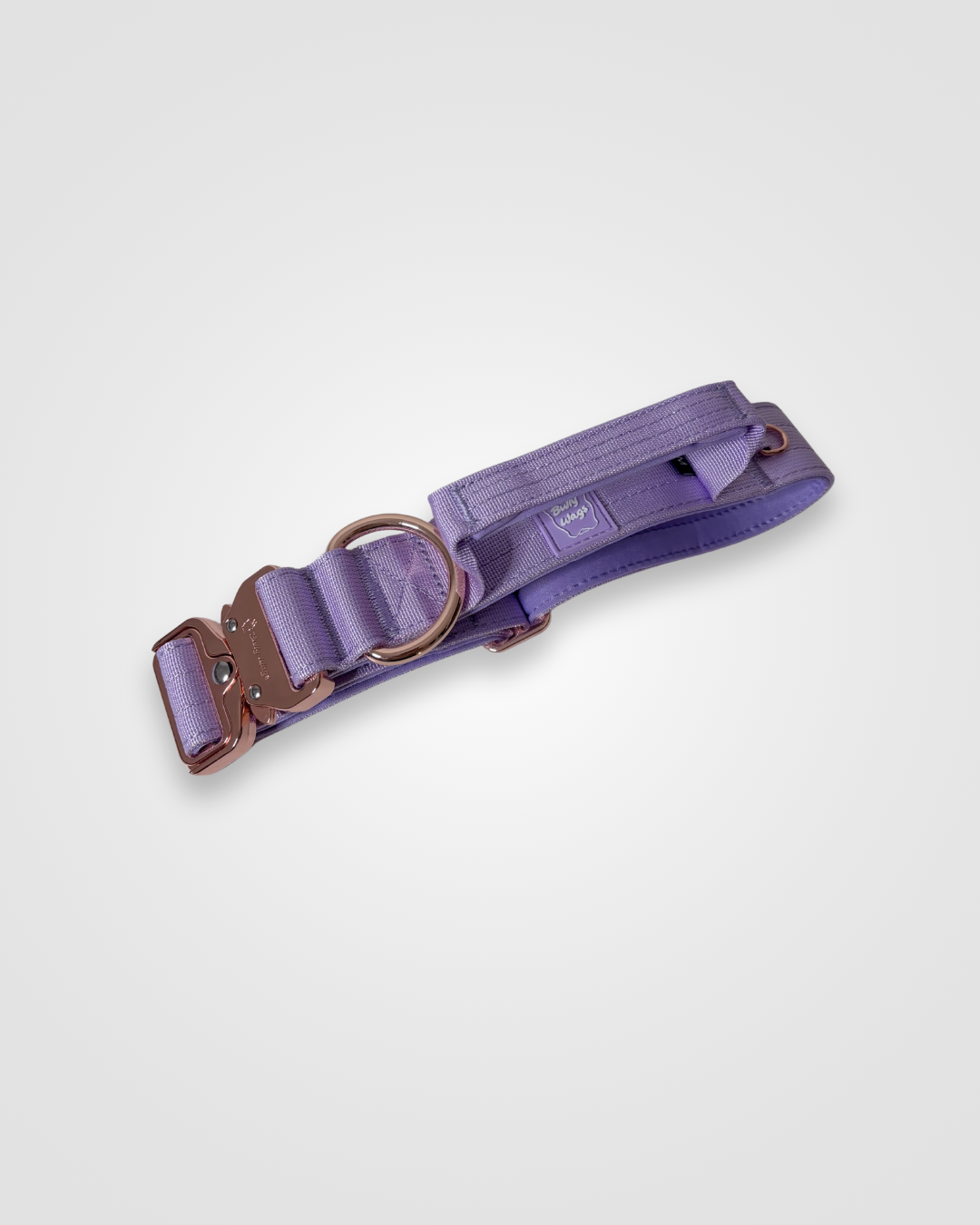 Purple dog collar with brown leather accents on a light gray background