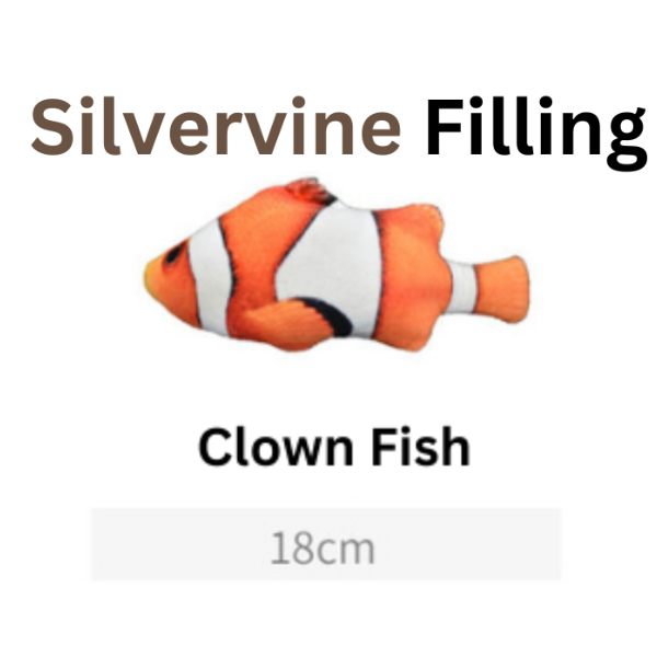 Toy clown fish with 'Silvervine Filling' text on a white background