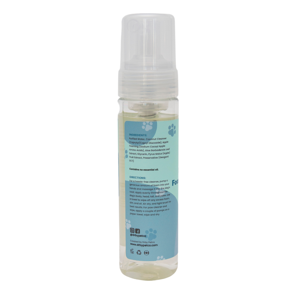Bottle of pet grooming product with a blue label on a white background