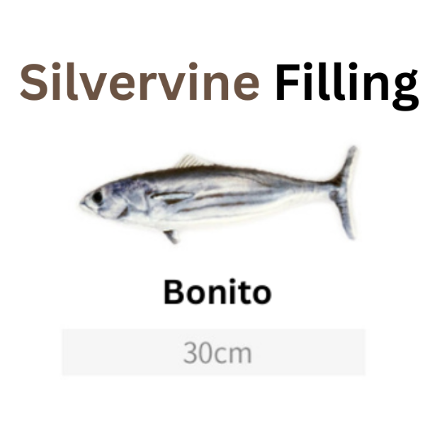 Image of a bonito fish with 'Silvervine Filling' text and size indication on a white background.