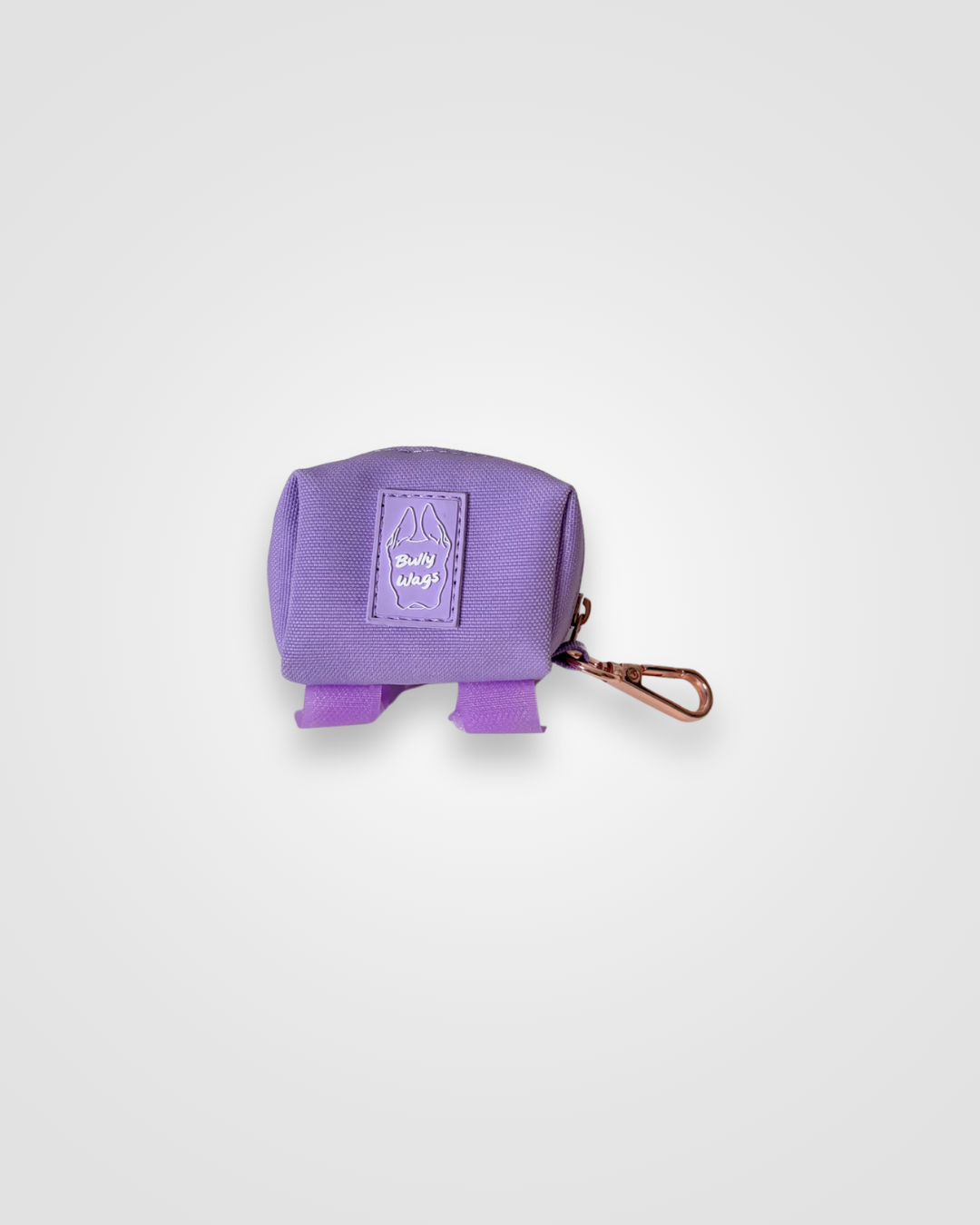 Purple pouch with a brand logo on a white background