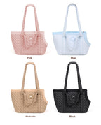 Four pet carriers in different colors (Pink, Blue, Khaki, Black) on a white background.