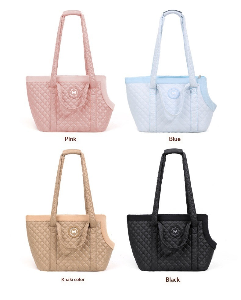 Four pet carriers in different colors (Pink, Blue, Khaki, Black) on a white background.