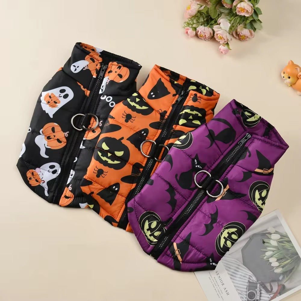 Three Halloween-themed dog coats in black, orange, and purple on a beige surface with flowers in the background.