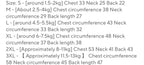 Size chart for clothing with measurements in centimeters and kilograms.