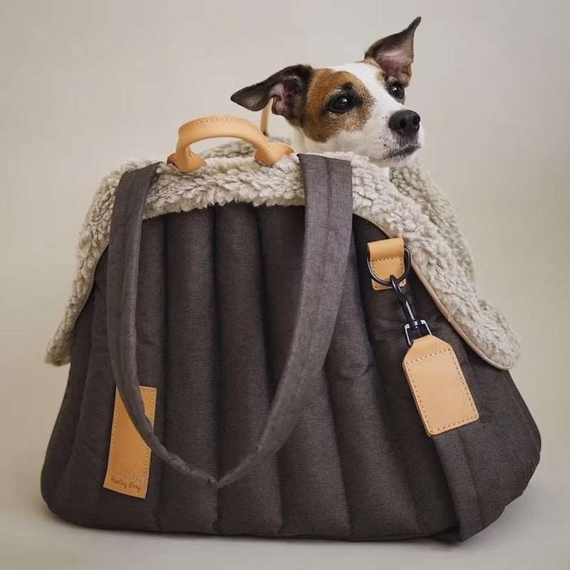 Dog peeking out from a gray pet carrier with a beige interior.