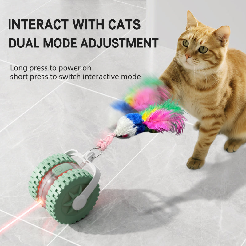 Cat playing with a colorful toy on a tiled floor