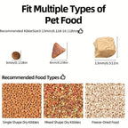 Pet food packaging with different types of pet food and recommended sizes.