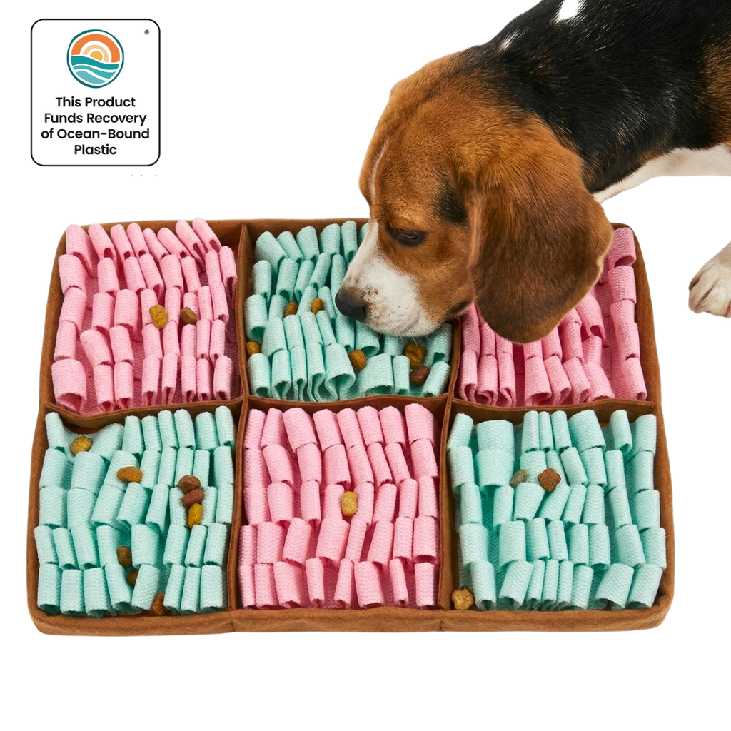 Dog interacting with a tray of pink and green dog treats, with a visible brand logo in the corner.