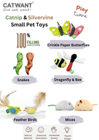 Cat toys with text highlighting features like catnip, silvervine, and crinkle paper butterflies.