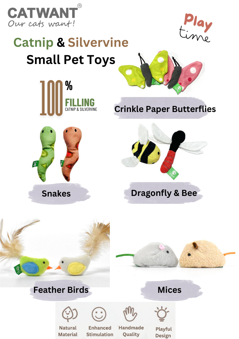 Cat toys with text highlighting features like catnip, silvervine, and crinkle paper butterflies.