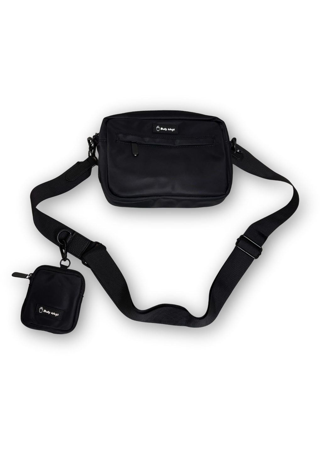 Black crossbody bag with matching pouch on a white background
