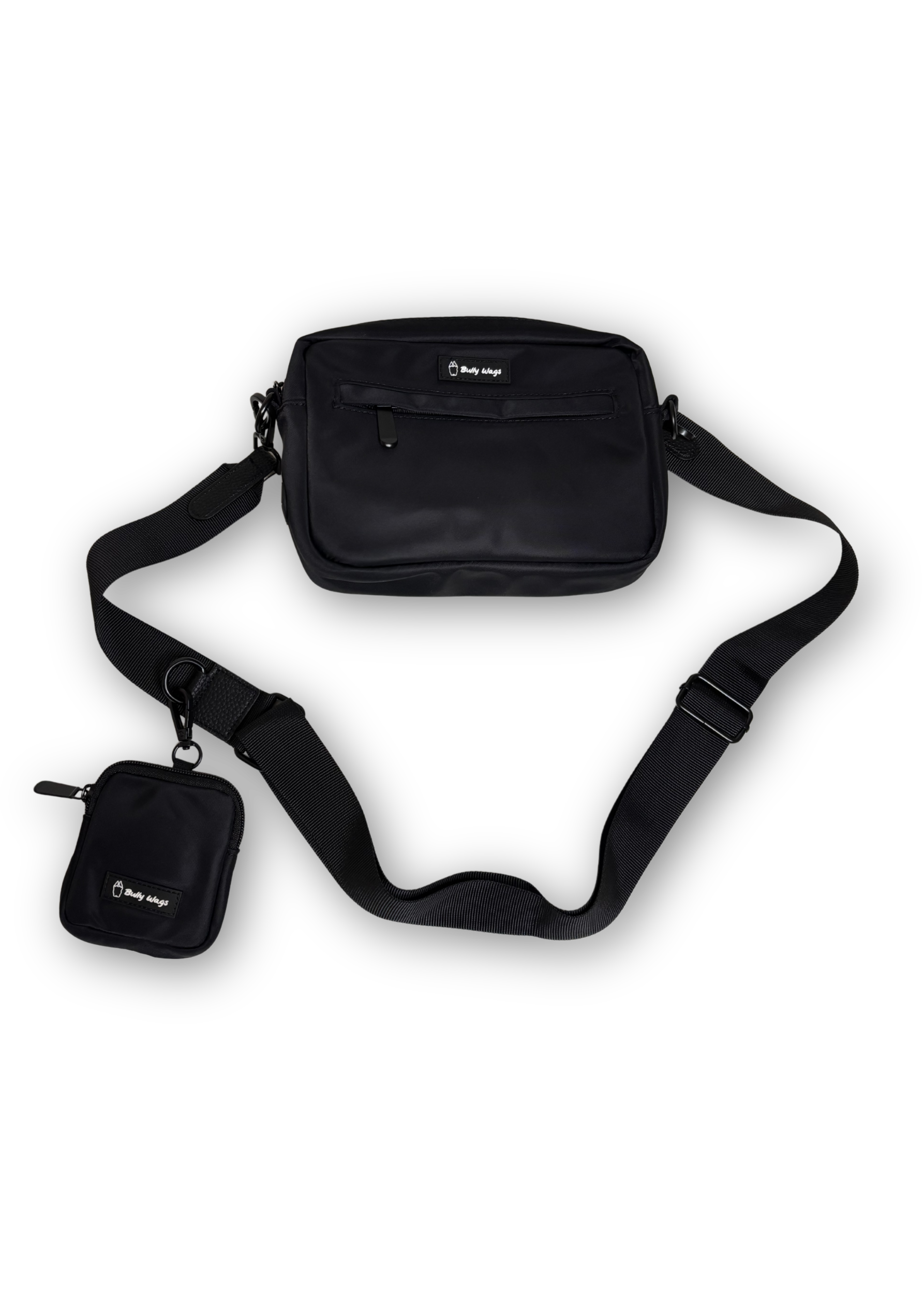 Black crossbody bag with matching pouch on a white background