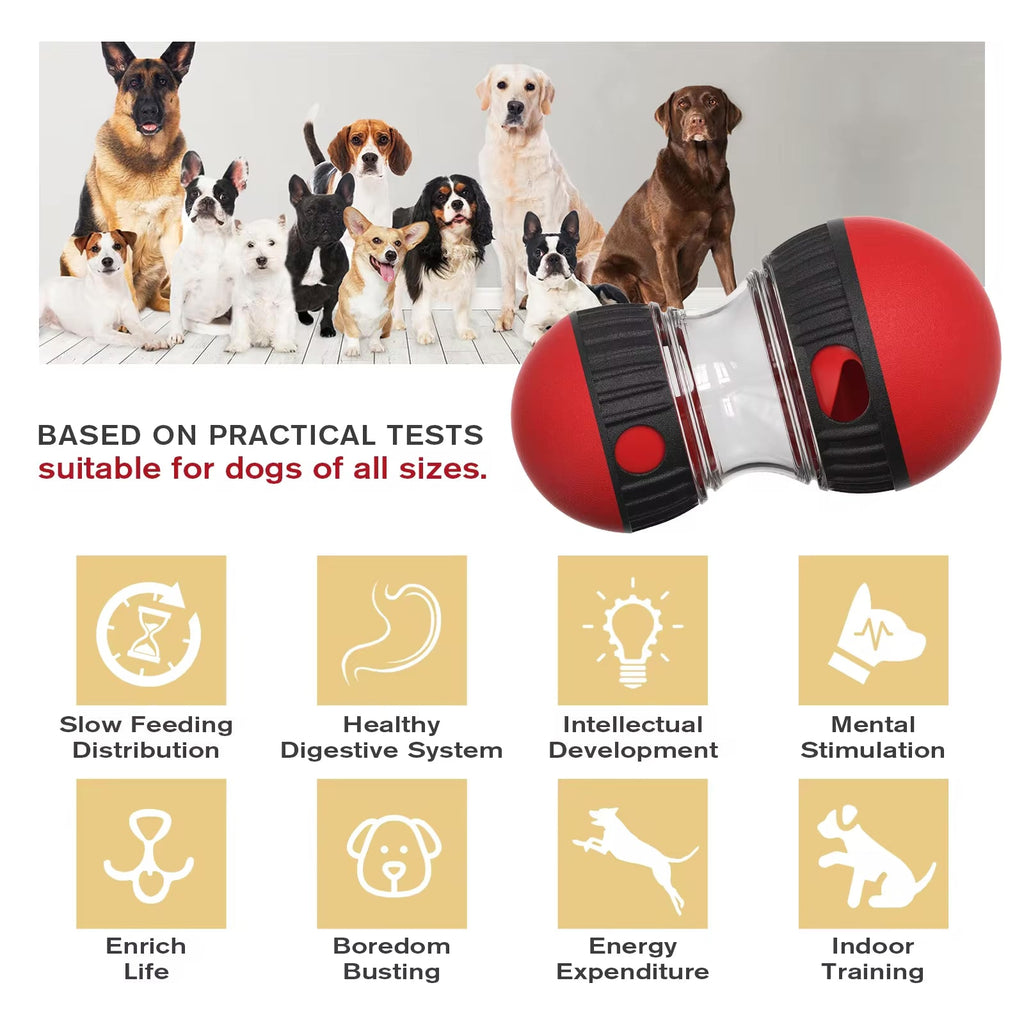 Dog toy with text about its benefits for dogs' health and development, set against a background of various dog breeds.