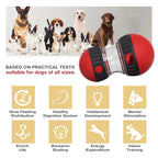 Dog toy with text about its benefits for dogs' health and development, set against a background of various dog breeds.