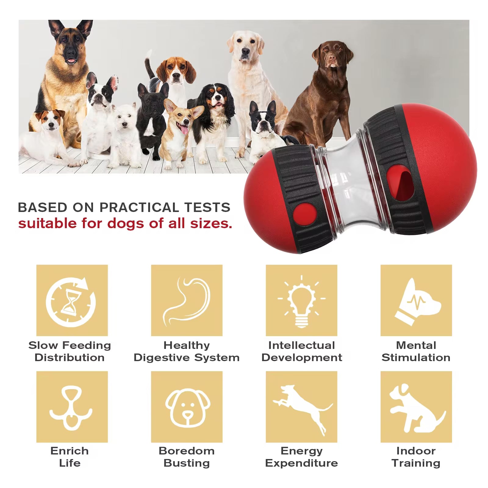 Dog toy with text about its benefits for dogs' health and development, set against a background of various dog breeds.