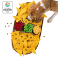 Dog interacting with a colorful dog toy shaped like a taco with various textures.