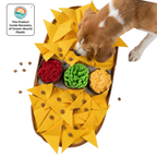 Dog interacting with a colorful dog toy shaped like a taco with various textures.
