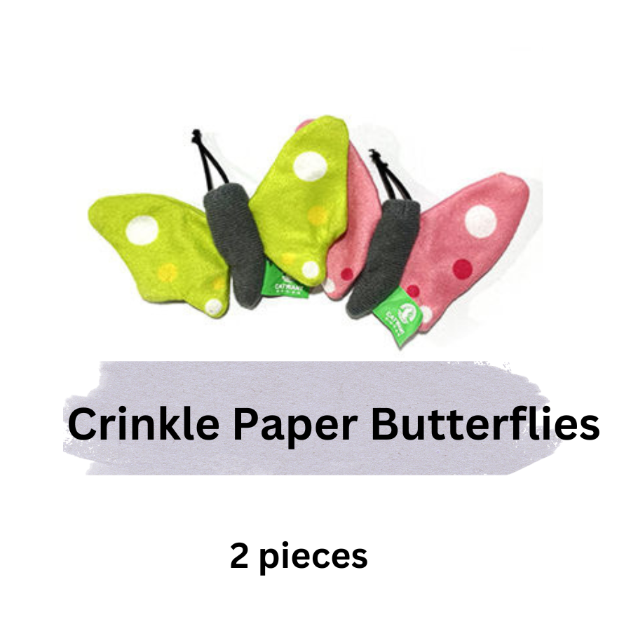 Two crinkle paper butterflies on a white background with text indicating quantity.