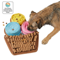 Dog playing with a colorful dog toy made from recycled ocean-bound plastic.