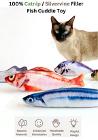 Catnip and silvervine filler fish cuddle toy with a cat on a white background