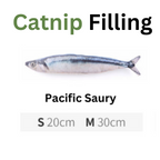 Pacific saury fish with text indicating 'Catnip Filling' and size information on a white background.