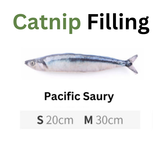 Pacific saury fish with text indicating 'Catnip Filling' and size information on a white background.