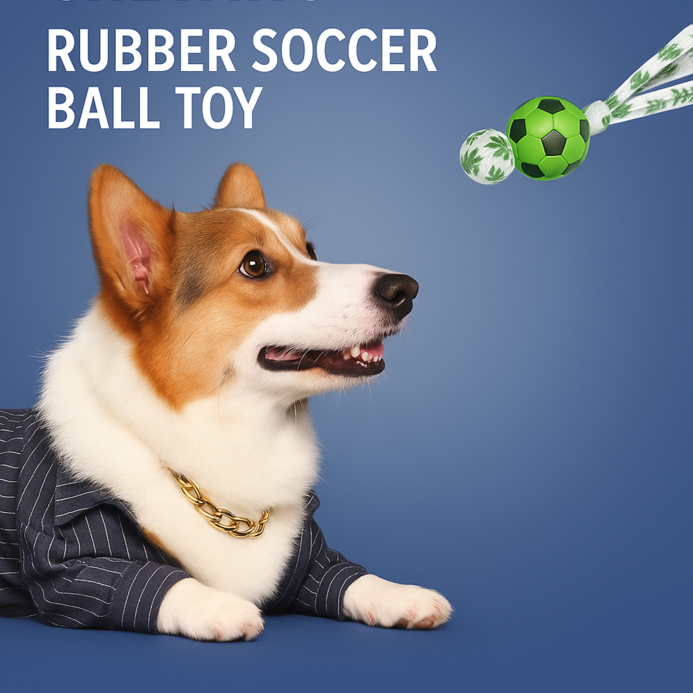 Dog in a suit looking at a green rubber soccer ball toy against a blue background