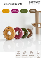 Colorful catnip donuts with various flavors on a white surface, featuring the brand 'CATWANT'.