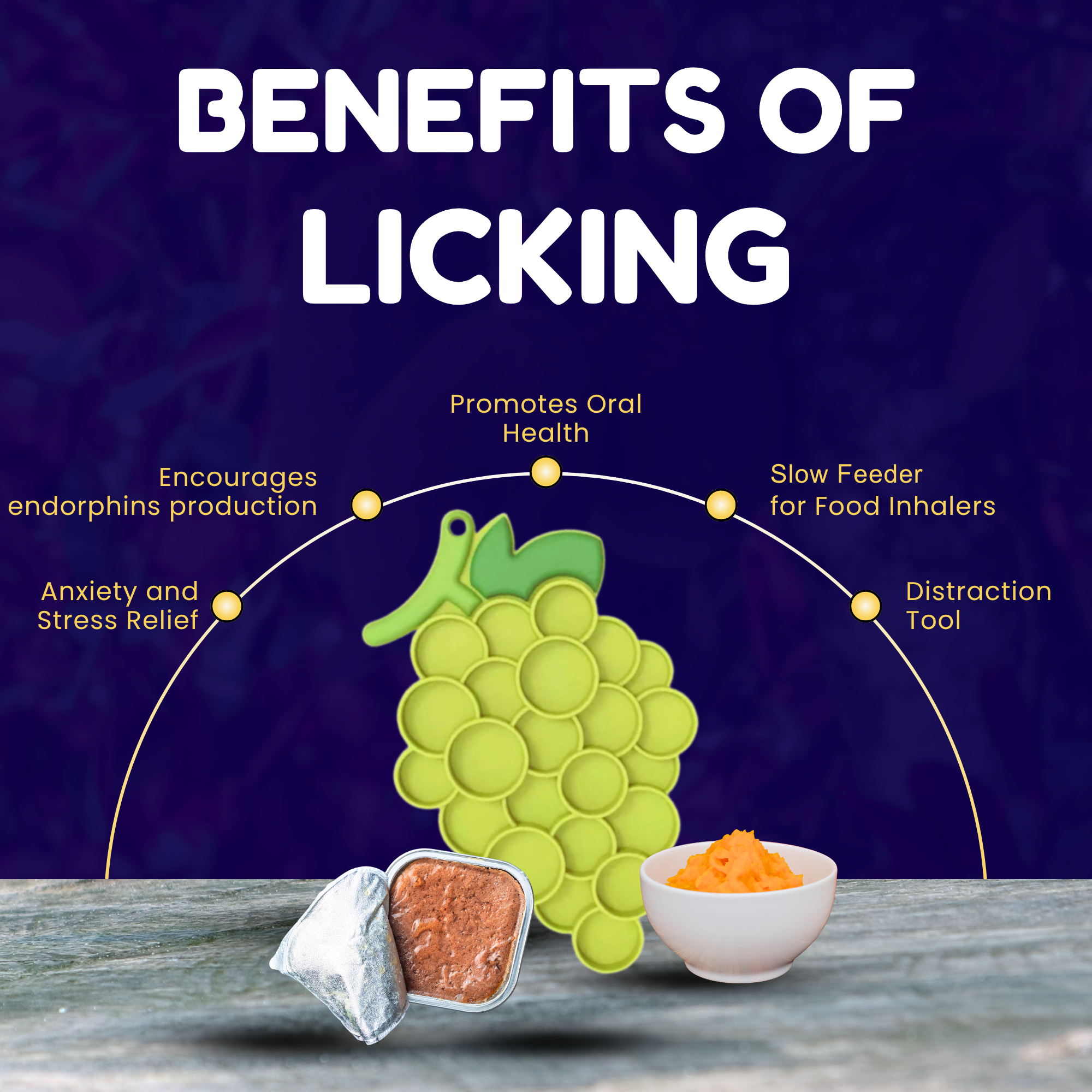 Green grape-shaped lick mat with text on benefits of licking on a dark blue background