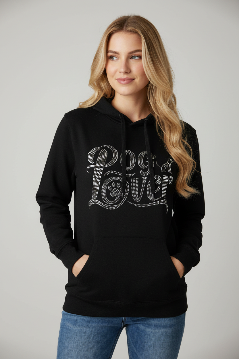 Woman wearing a hoodie with dog lover written on it.