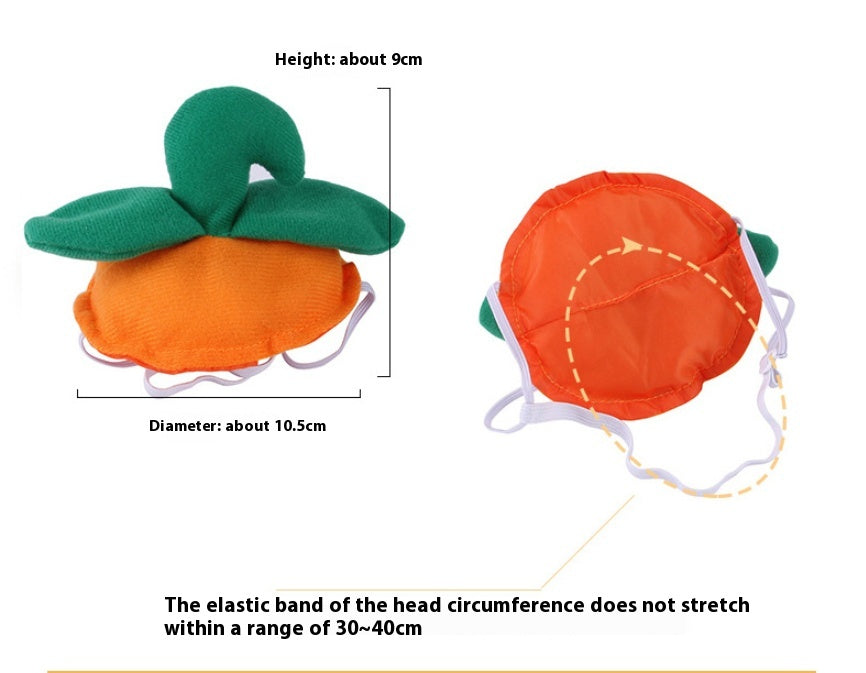 A pumpkin-shaped soft toy or costume accessory shown from two angles on a white background, with text indicating height about 9 cm, diameter about 10.5 cm, and a note about the elastic head band not stretching beyond 30-40 cm.
