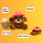 Plush bear toy with features highlighted on a yellow background