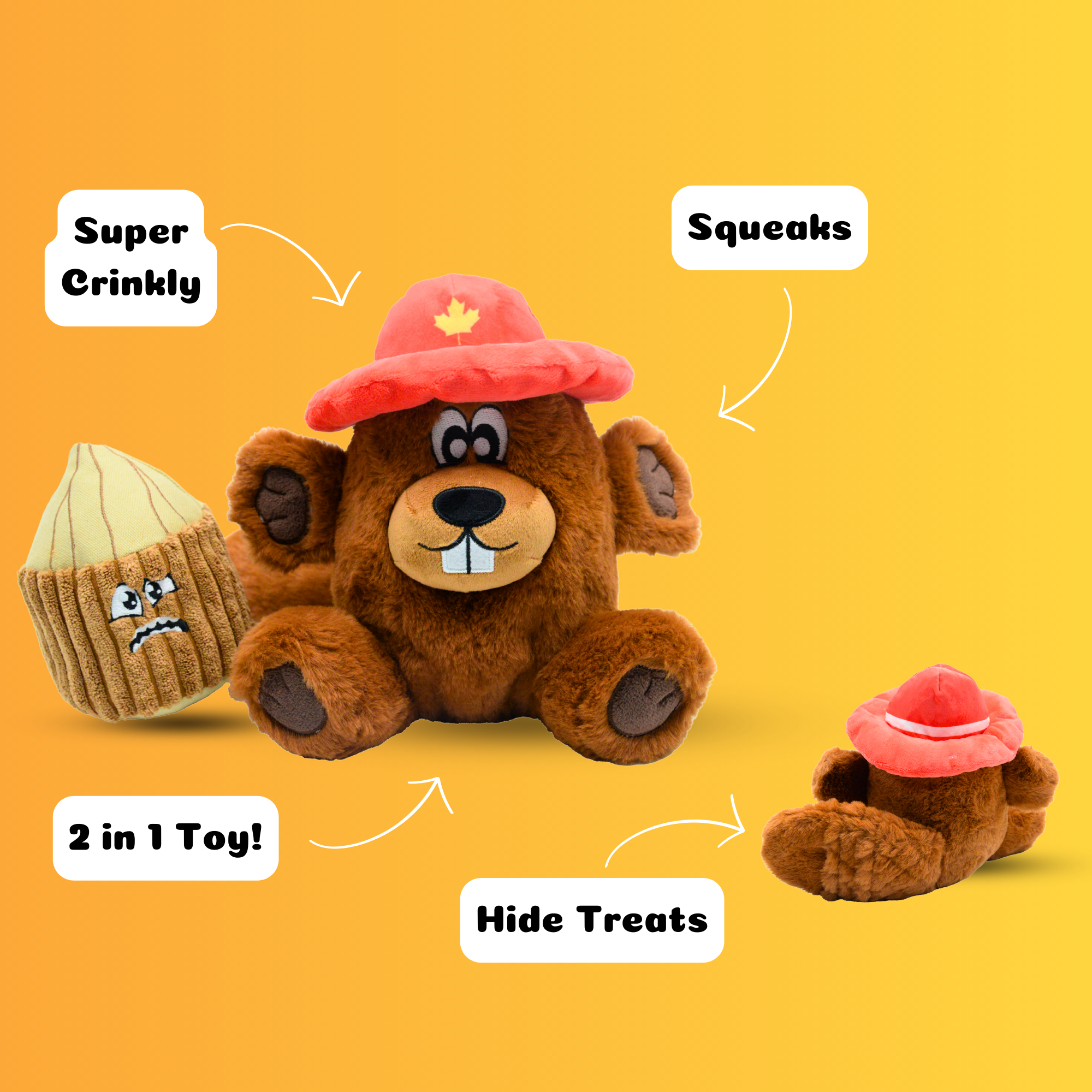 Plush bear toy with features highlighted on a yellow background