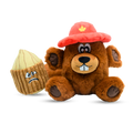 Plush toy bear wearing a red hat with a maple leaf and a shell with a sad face on a white background