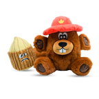 Plush toy bear wearing a red hat with a maple leaf and a shell with a sad face on a white background