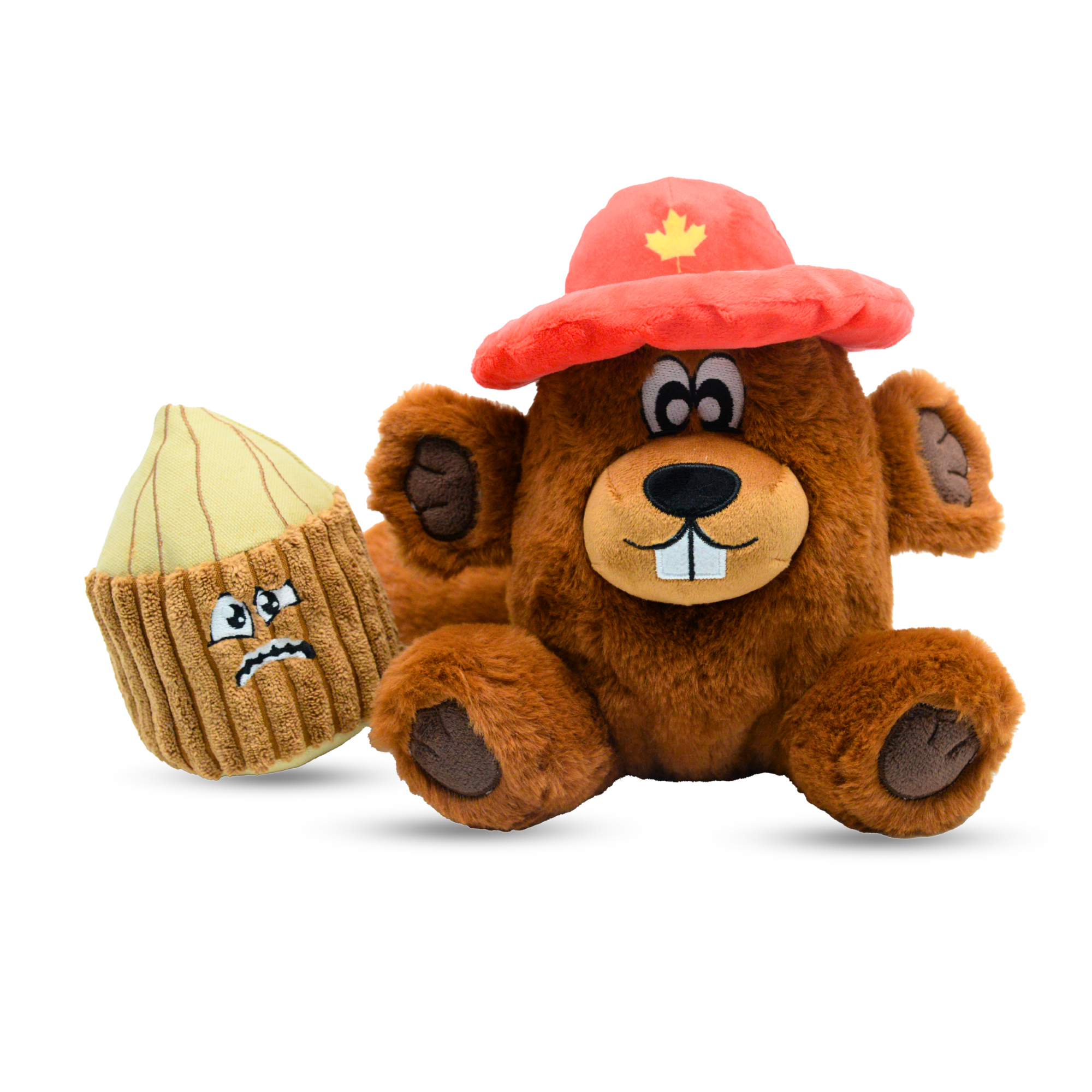 Plush toy bear wearing a red hat with a maple leaf and a shell with a sad face on a white background