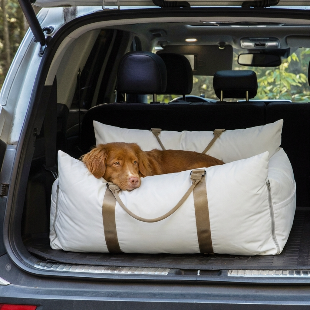 Dog lying on a portable pet bed in the back of a car