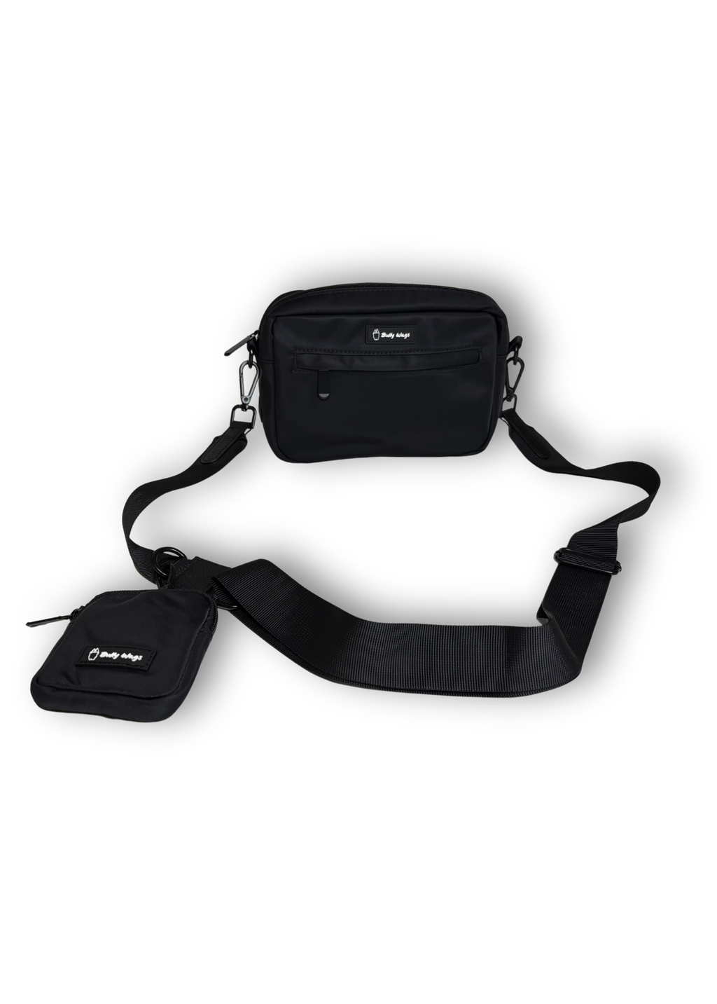 Black waist bag and small pouch with visible brand logo on a white background