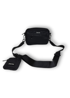 Black waist bag and small pouch with visible brand logo on a white background
