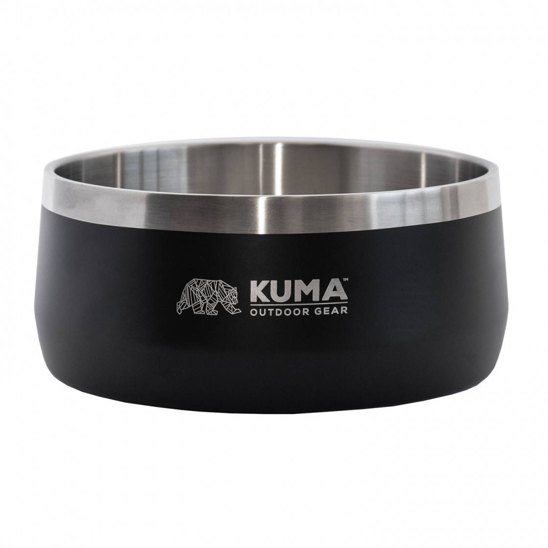 Black dog bowl with stainless steel rim and Kuma Outdoor Gear logo on a white background