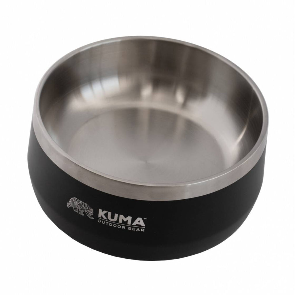 A Kuma outdoor gear pet bowl with a black exterior and a stainless steel interior, shown on a plain white background.