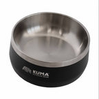 A Kuma outdoor gear pet bowl with a black exterior and a stainless steel interior, shown on a plain white background.