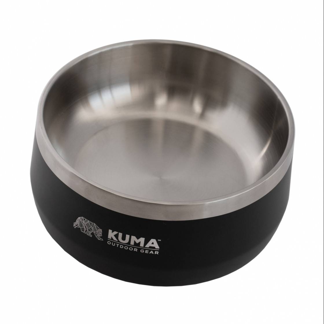 A Kuma outdoor gear pet bowl with a black exterior and a stainless steel interior, shown on a plain white background.
