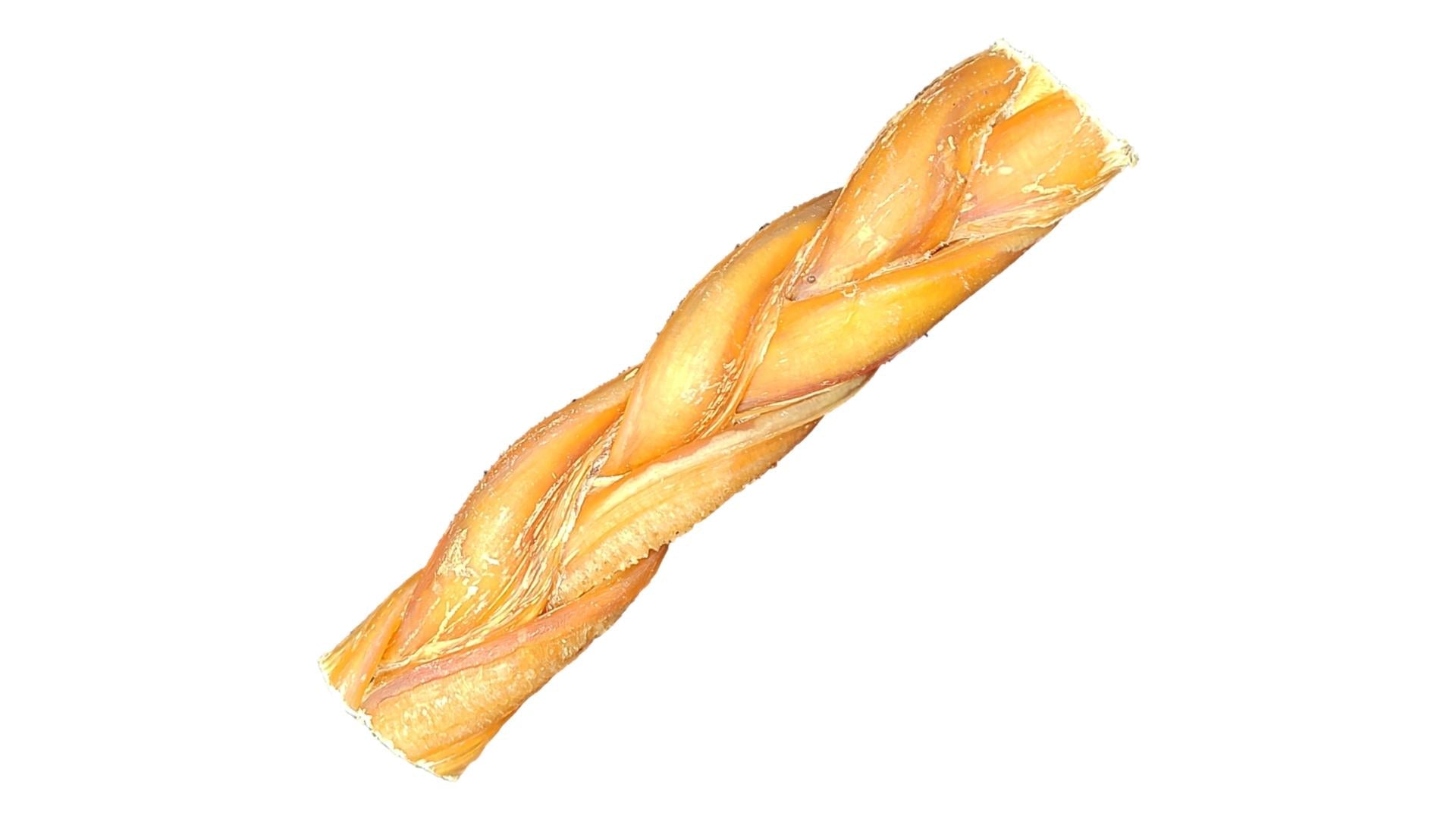 Bully stick dog treat on a white background