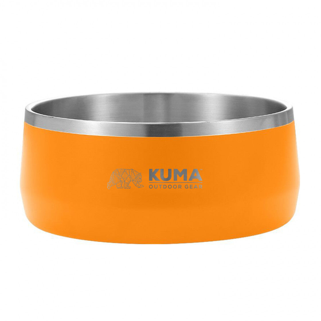 An orange dog bowl with a brushed stainless steel rim and interior, featuring the Kuma Outdoor Gear logo printed on the front, set against a plain white background.