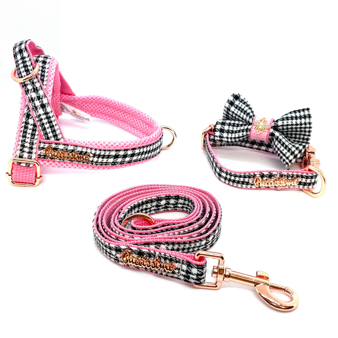 Dog leash and collar set with checkered pattern and pink accents on a white background