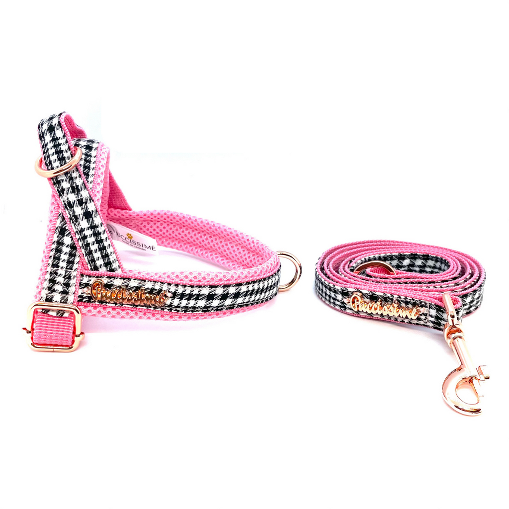 Dog collar and leash set with pink and black checkered pattern on a white background