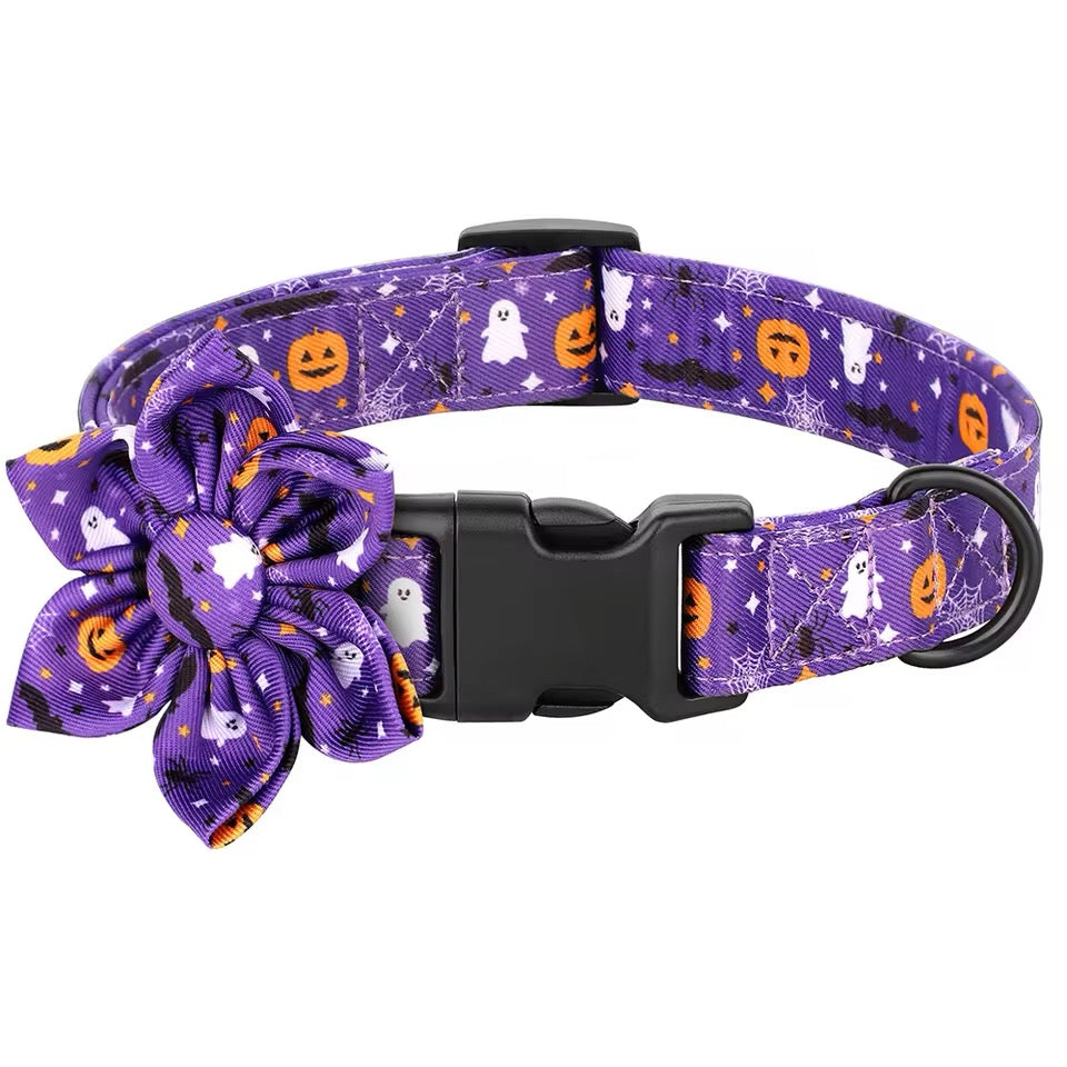 Purple Halloween-themed dog collar with decorative bow on a white background