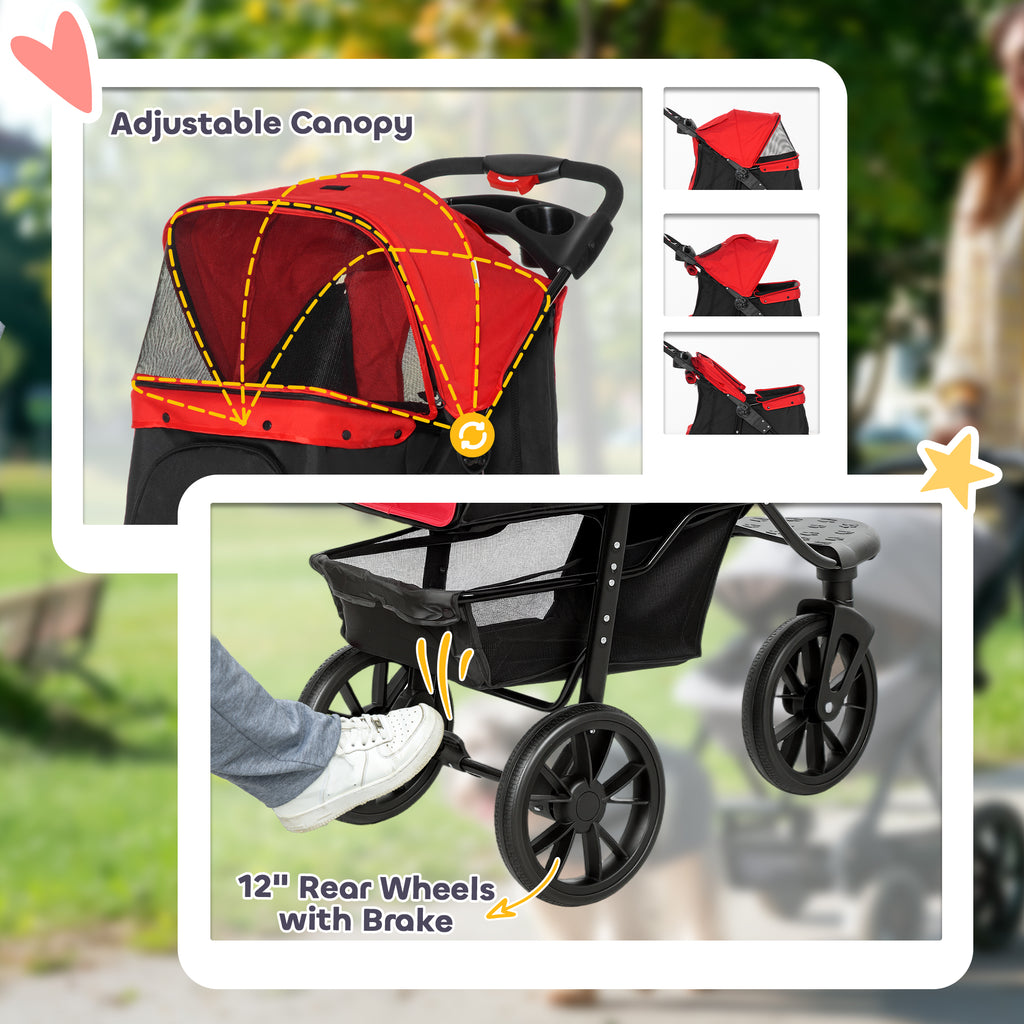 Pet stroller with adjustable canopy and 12-inch rear wheels, shown outdoors.